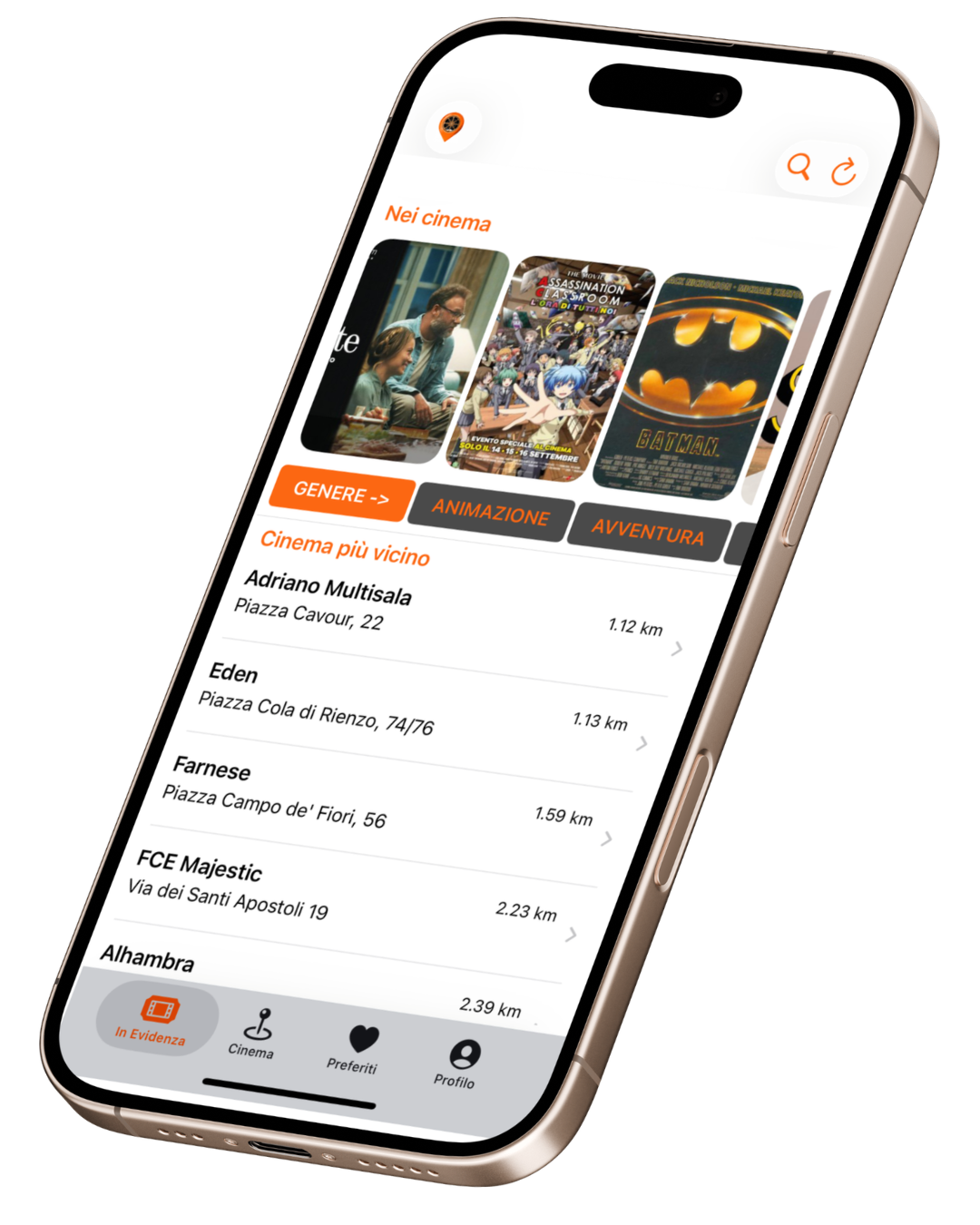 CinemApp on an iPhone, showing films and nearby screenings in the original Italian app interface
